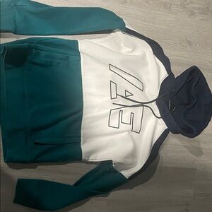 Teal and White Hoodie with Navy Accents